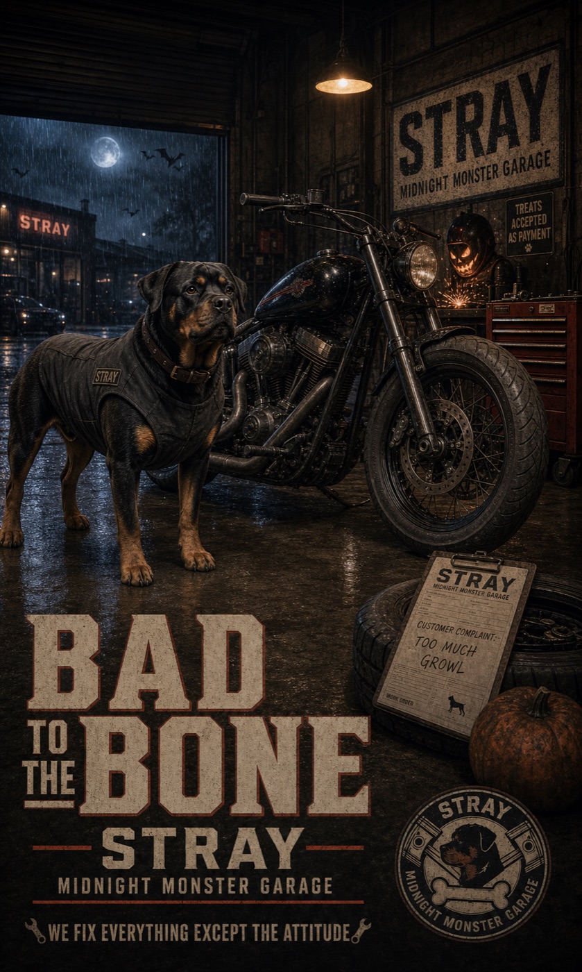 Rottweiler con motocicleta en taller nocturno