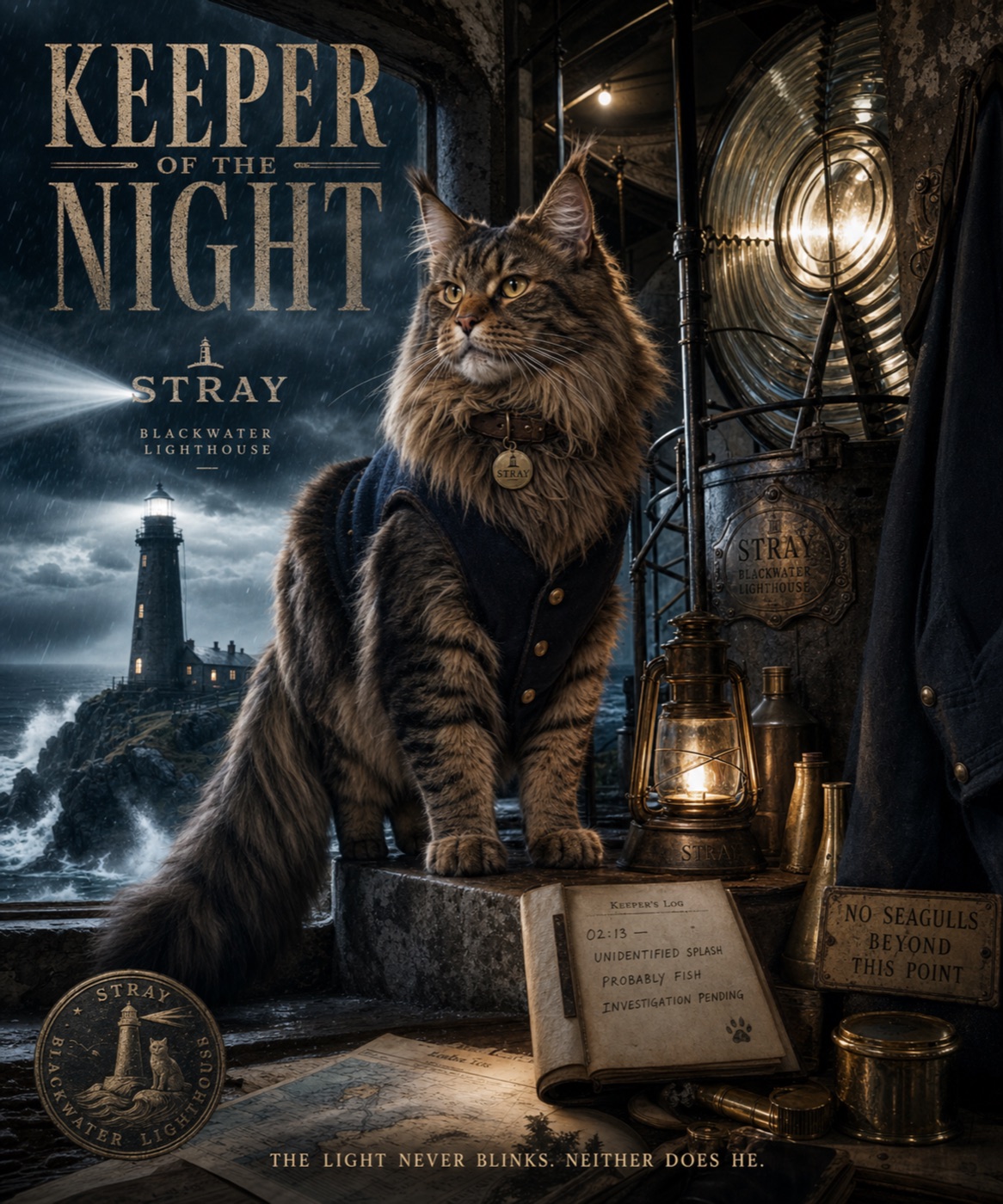 Maine Coon en faro durante tormenta