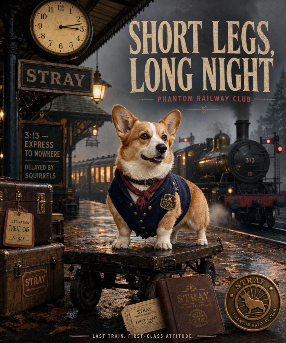 Corgi en estación ferroviaria fantasma