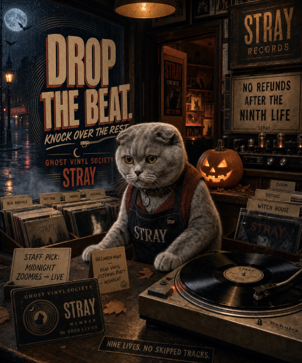 Scottish Fold en tienda de discos de Halloween