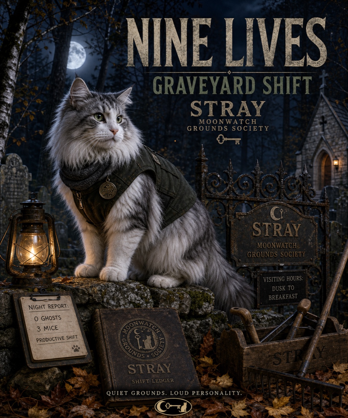 Norwegian Forest en cementerio nocturno